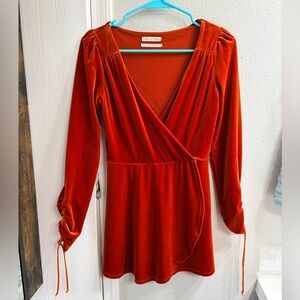 Urban Outfitters Rust Velvet Faux-Wrap Long Sleeve Skort Romper